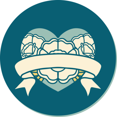 Geleneksel kalp stili dövme çıkartması ve bir insan tarafından çizilmiş çiçekli pankart.