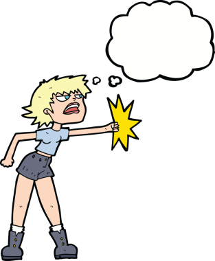 Bir insan tarafından çizilmiş düşünce baloncuğuyla yumruk atan karikatür kadını.