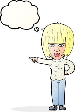 Bir insan tarafından çizilmiş düşünce baloncuğuyla rahatsız bir kadını işaret eden çizgi film.