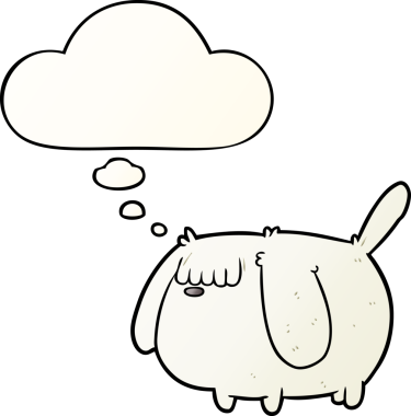 Düşünce baloncuğu olan komik çizgi film köpeği bir insan tarafından çizilmiş.