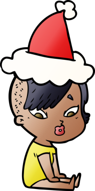 Bir insan tarafından çizilmiş Noel Baba şapkası giymiş şaşırmış bir kızın el çizimi karikatürü.