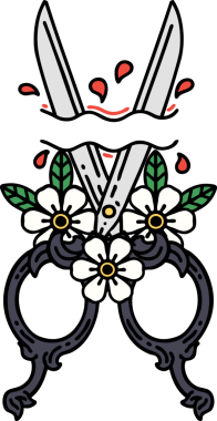 Bir insan tarafından çizilmiş geleneksel makas ve çiçek dövmesi.