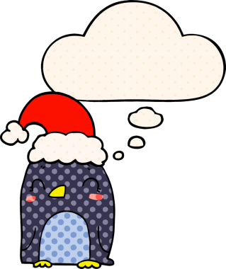 Bir insan tarafından çizilmiş çizgi roman tarzında düşünce baloncuğu olan şirin bir Noel pengueni.