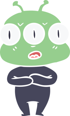 Düz renkli karikatür. Bir insan tarafından çizilmiş üç gözlü uzaylı.