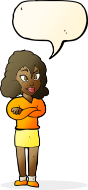 Bir insan tarafından çizilmiş konuşma balonlu çapraz kollu bir karikatür kadın.