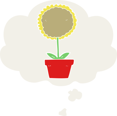 Bir insan tarafından çizilmiş düşünce baloncuğu olan sevimli bir karikatür çiçeği.