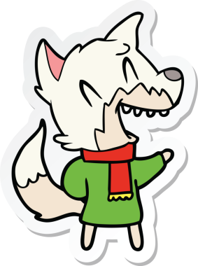 Bir insan tarafından çizilmiş kışlık giysiler giyen gülen tilki çıkartması.