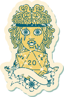 Retro Dövme Biçimi Yarı Ork Barbar Karakteri Bir insan tarafından çizilmiş 20 zar ile