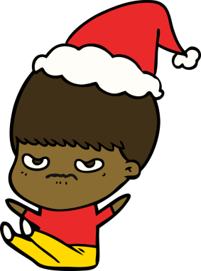 Bir insan tarafından çizilmiş Noel Baba şapkası giyen bir çocuğun el çizimi.