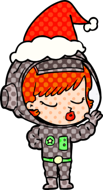 Bir insan tarafından çizilmiş Noel Baba şapkası giyen güzel bir astronot kızın el çizimi çizgi roman çizimi.