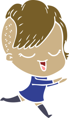 Bir insan tarafından çizilmiş mutlu düz renkli çizgi film kızı.