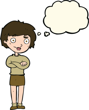 Bir insan tarafından çizilmiş düşünce baloncuğuyla rahatsız bir kadın.