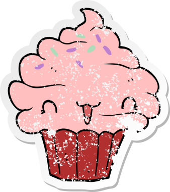 Bir insan tarafından çizilmiş tatlı, şekerli bir kekin sıkıntılı çıkartması.