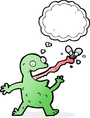 Bir insan tarafından çizilmiş düşünce baloncuğuyla sinek yakalayan kurbağa.