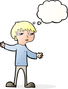 Bir insan tarafından çizilen düşünce baloncuğuyla sinirlenmiş bir çocuk.