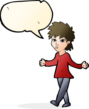 Bir insan tarafından çizilmiş konuşma baloncuğuyla omuz silken çizgi film kadını.