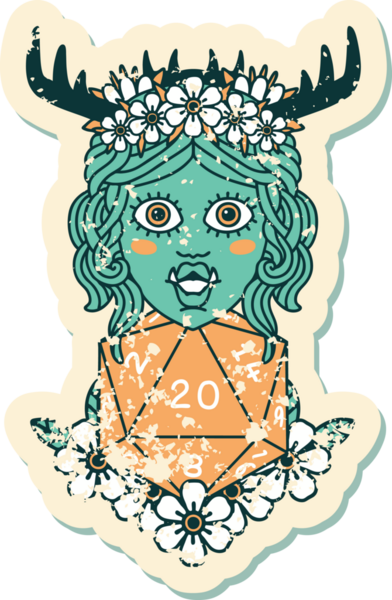 Retro Dövme Biçimi Yarı Ork Druid Bir insan tarafından çizilmiş 20 zar ile