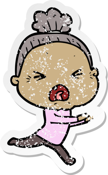 Bir insan tarafından çizilmiş kızgın yaşlı bir kadının sıkıntılı çıkartması.