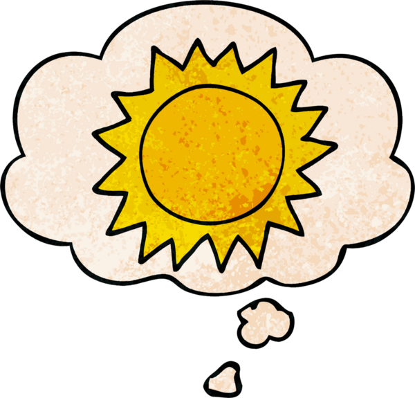 Bir insan tarafından çizilmiş grunge desenli düşünce baloncuklu çizgi film güneşi.