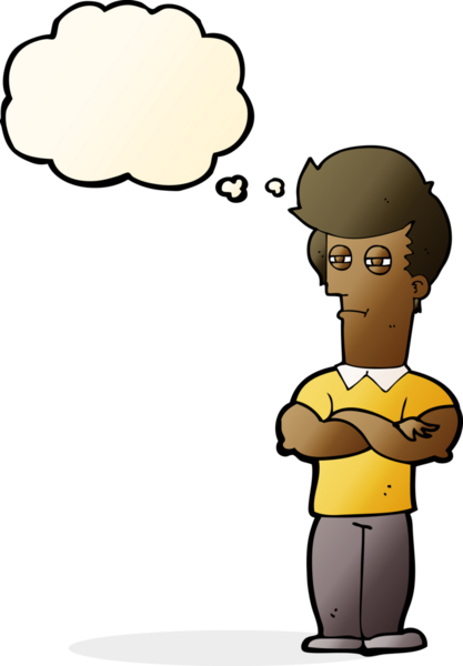 Bir insan tarafından çizilmiş düşünce balonlu kolları katlanmış çizgi film adamı.