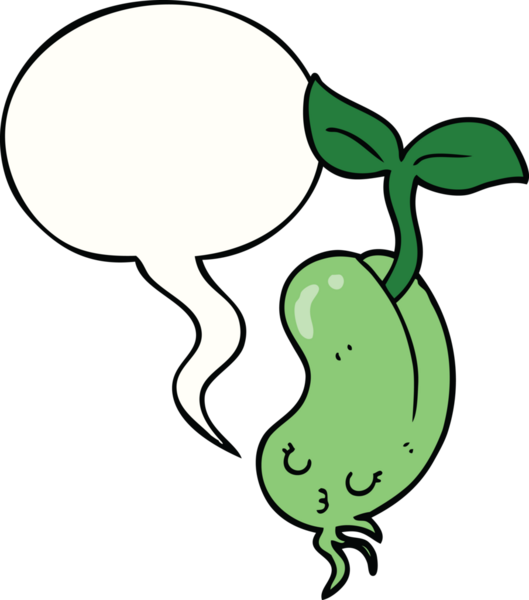 Bir insan tarafından çizilmiş konuşma balonlu fasulye filizlenen çizgi film.