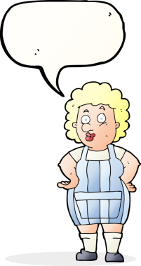 Bir insan tarafından çizilmiş konuşma balonu olan mutfak önlüklü bir karikatür kadın.