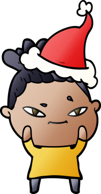 Bir insan tarafından çizilmiş Noel Baba şapkası giymiş bir kadının el çizimi karikatürü.