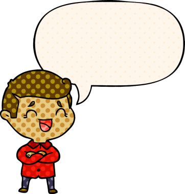 Bir insan tarafından çizilmiş çizgi roman tarzında konuşma balonu olan gülen adam.