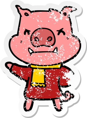 Bir insan tarafından çizilmiş kışlık giysili kızgın bir domuz çıkartması.