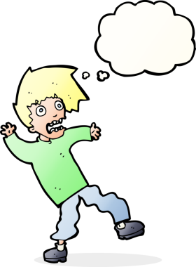 Bir insan tarafından çizilmiş düşünce baloncuğuyla dehşete düşmüş bir adam.