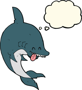 Bir insan tarafından çizilmiş düşünce baloncuklu komik köpek balığı.