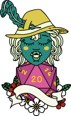 Retro Dövme Tarzı Bir insan tarafından çizilmiş 20 zarlı yarı ork ozan karakteri