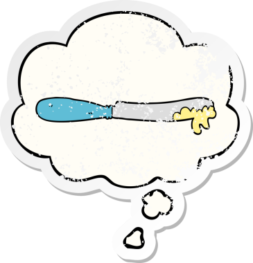 Düşünce baloncuklu çizgi film tereyağı bıçağı insan tarafından çizilmiş yıpranmış bir çıkartma gibi.