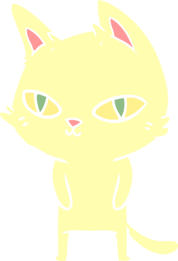 Bir insan tarafından çizilmiş parlak gözlü düz renkli çizgi film kedisi.