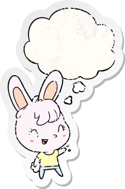 Düşünce baloncuğu olan çizgi film tavşanı insan tarafından çizilmiş yıpranmış bir çıkartma.