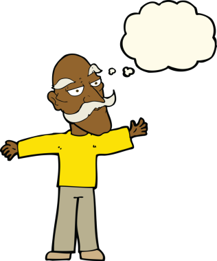 Bir insan tarafından çizilmiş düşünce baloncuğuyla kollarını açan yaşlı adam çizgi filmi.