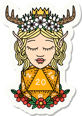 Bir insan tarafından çizilmiş nautral yirmilik zarlı bir Elf Druid karakterinin çıkartması.