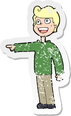 Bir insan tarafından çizilmiş, gülen ve işaret eden bir çizgi film karakterinin gerilemiş retro yapıştırması.