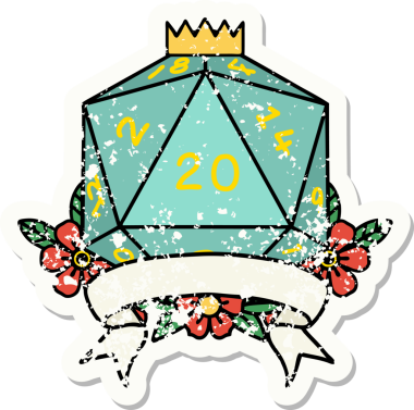 Bir insan tarafından çekilen 20 kritik vuruşluk D20 zar atımının grunge çıkartması.