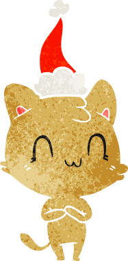 Bir insan tarafından çizilmiş Noel Baba şapkası giyen mutlu bir kedinin el çizimi karikatürü.