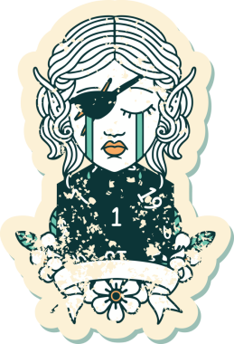 Retro Dövme Tarzı Ağlayan Elf Haydut Karakteri Bir insan tarafından çizilmiş doğal bir D20 rulosu