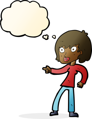 Bir insan tarafından çizilmiş düşünce balonuyla işaret eden çizgi film kadını.