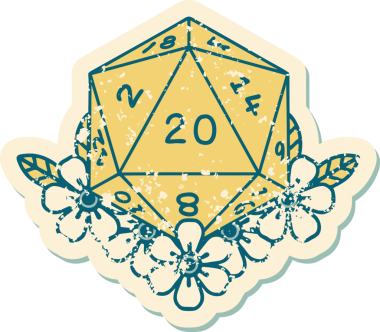 Retro Dövme Biçimi Doğal 20 D20 zar bir insan tarafından çizilmiş çiçek elementleriyle