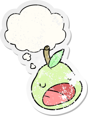 Düşünce baloncuğu olan çizgi film armudu bir insan tarafından çizilmiş yıpranmış bir çıkartma gibi.