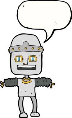 Bir insan tarafından çizilmiş konuşma balonu olan çizgi film robotu.