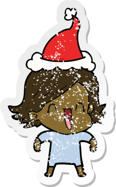 Bir insan tarafından çizilmiş Noel Baba şapkası giymiş mutlu bir kadının el çizimi karikatürü.