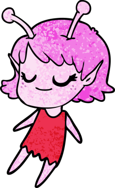 Bir insan tarafından çizilmiş gülümseyen uzaylı kız çizgi filmi.