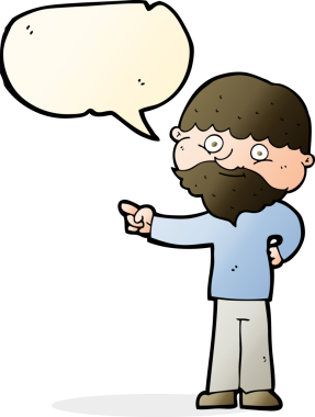 Karikatür sakallı adam bir insan tarafından çizilmiş konuşma balonuyla işaret ediyor.