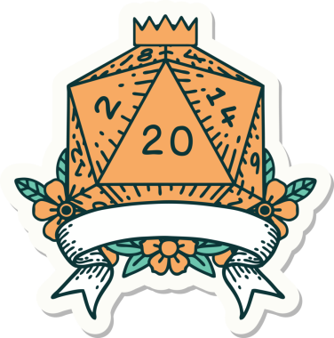 Bir insan tarafından çizilmiş 20 kritik vuruşluk D20 zar etiketi.