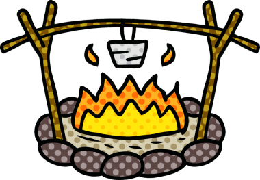 Bir insan tarafından çizilmiş bir kamp alanının el çizimi karikatürü.